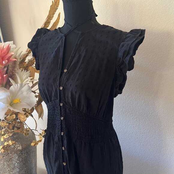 SOLDBlack Milkmaid Ruffle Dress Full Length Buttons Embroidered Polka Dots - Picture 3 of 10